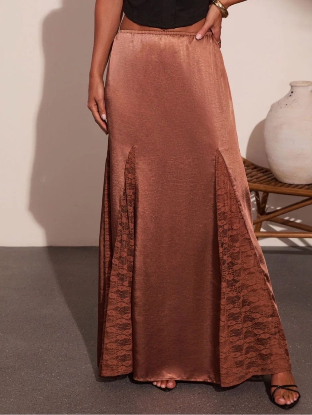 New Vici Slow Evenings Satin Lace Maxi Skirt in Chocolate Size Medium